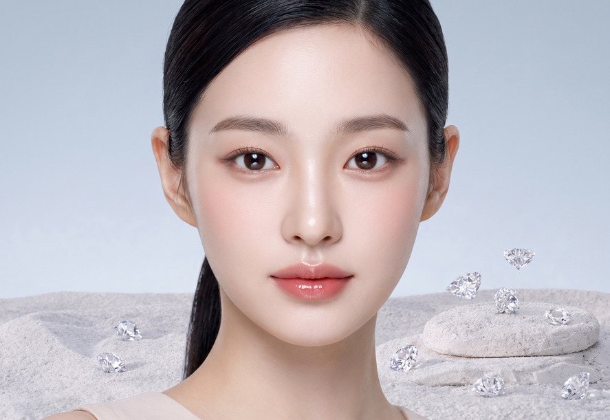 정면 여성 모델과 흰 돌·다이아몬드 조각(사진)