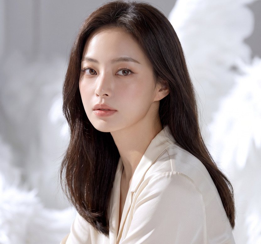 긴 생머리 여성 모델 상반신(흰 깃털 배경)