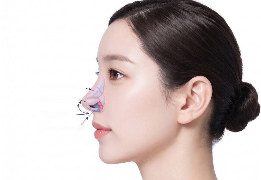 여성 옆얼굴 위 코 연골 도식(번호 라벨 4개)